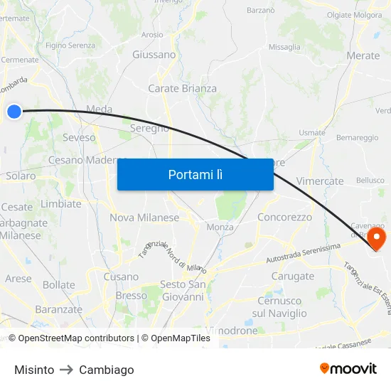 Misinto to Cambiago map