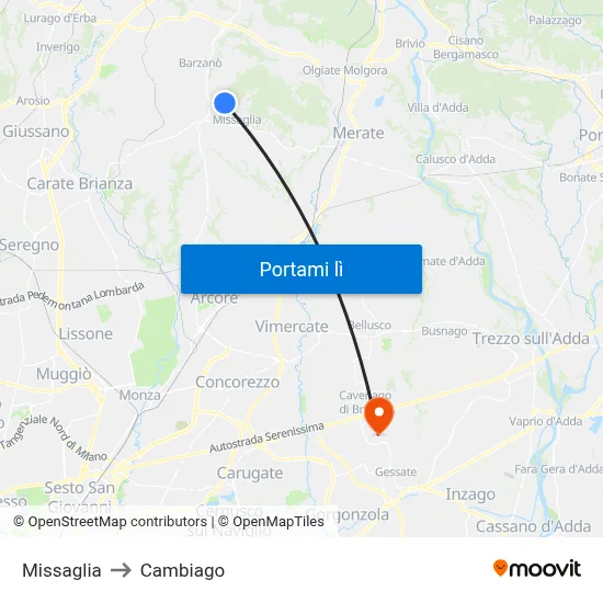 Missaglia to Cambiago map