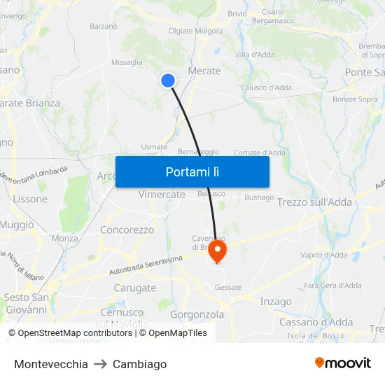 Montevecchia to Cambiago map