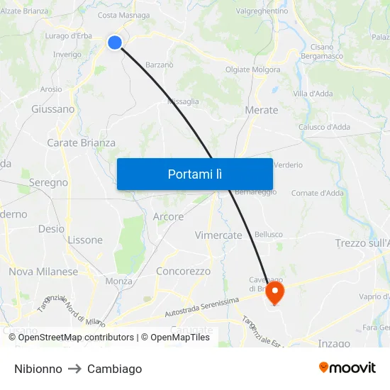 Nibionno to Cambiago map