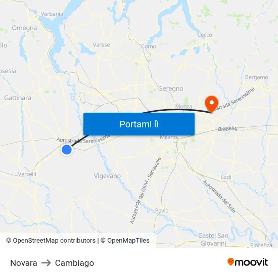 Novara to Cambiago map