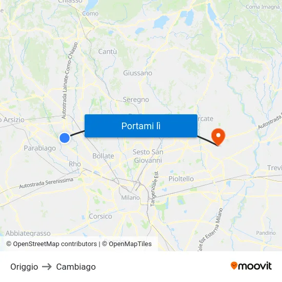 Origgio to Cambiago map