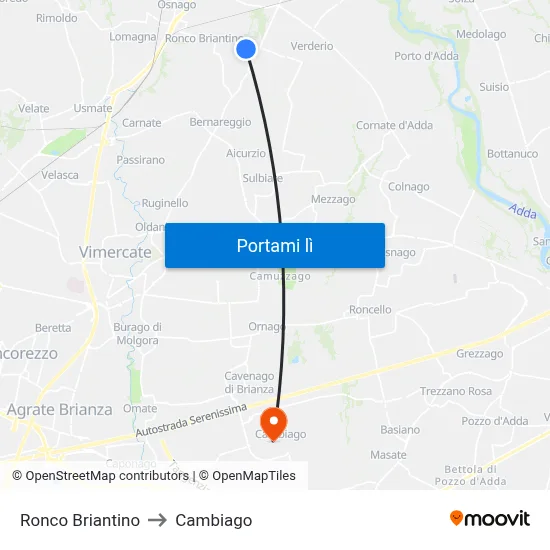 Ronco Briantino to Cambiago map