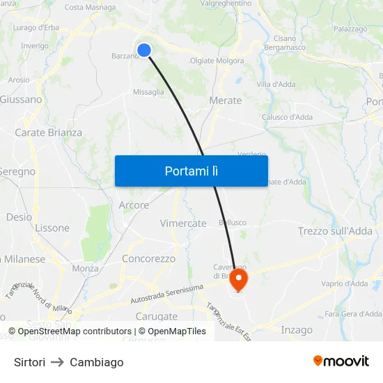 Sirtori to Cambiago map