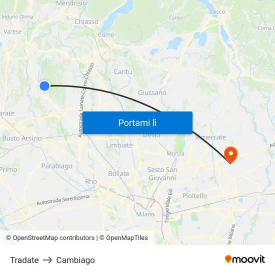 Tradate to Cambiago map