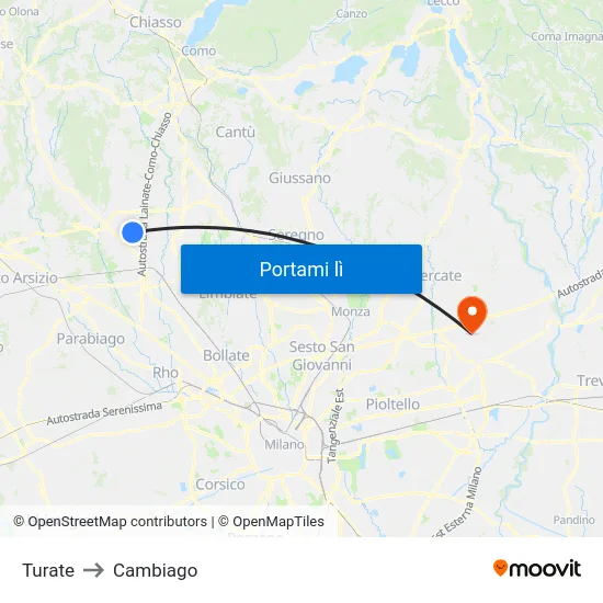 Turate to Cambiago map