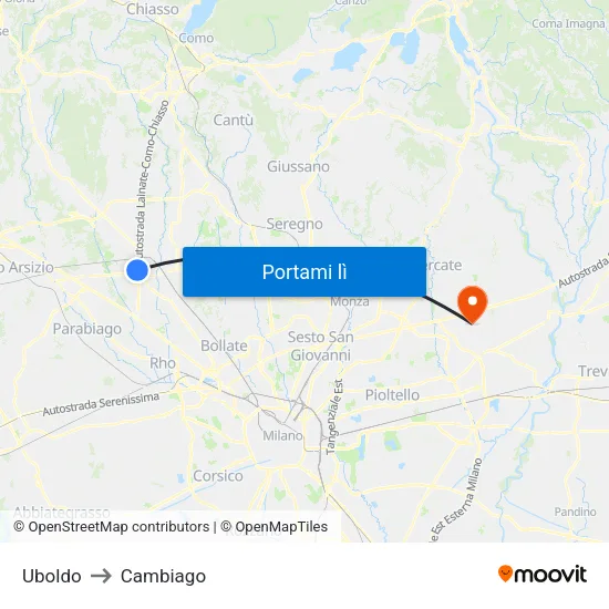 Uboldo to Cambiago map