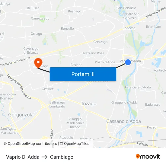Vaprio D' Adda to Cambiago map