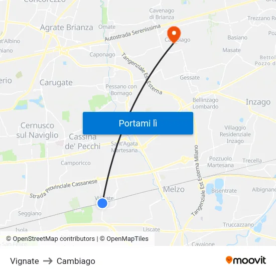 Vignate to Cambiago map