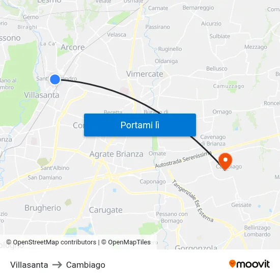 Villasanta to Cambiago map