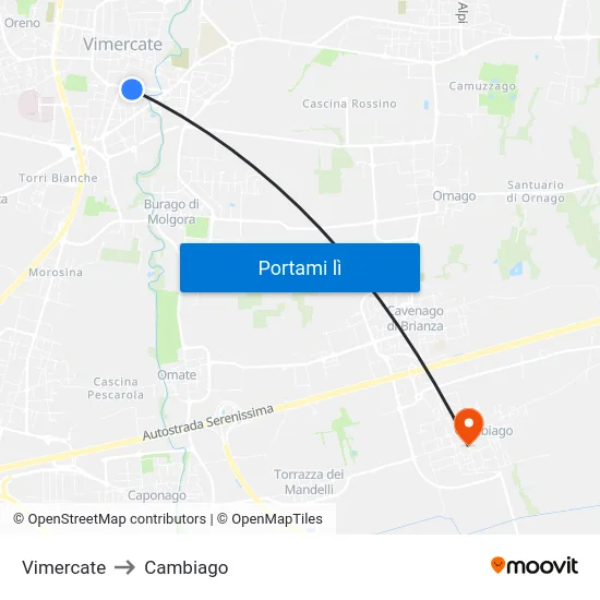Vimercate to Cambiago map