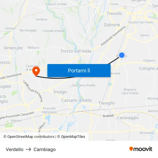 Verdello to Cambiago map