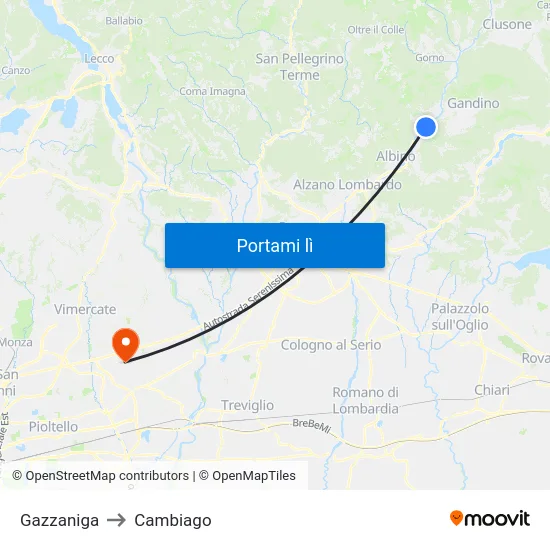 Gazzaniga to Cambiago map