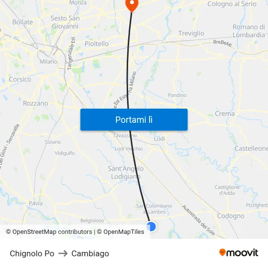 Chignolo Po to Cambiago map