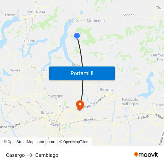 Casargo to Cambiago map