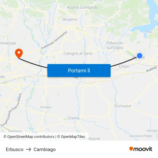 Erbusco to Cambiago map