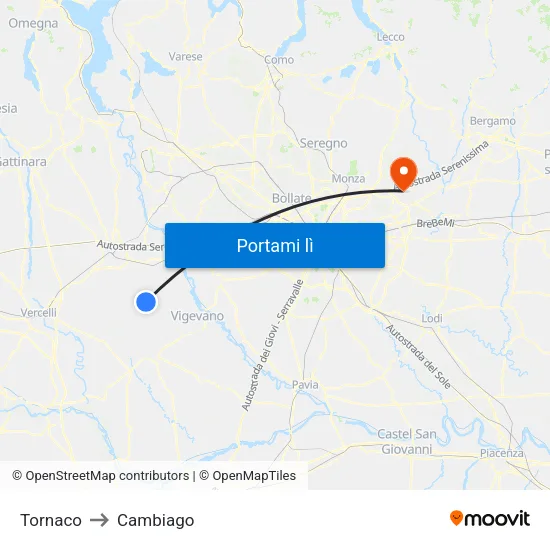 Tornaco to Cambiago map