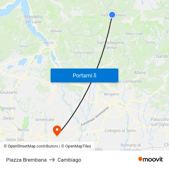 Piazza Brembana to Cambiago map