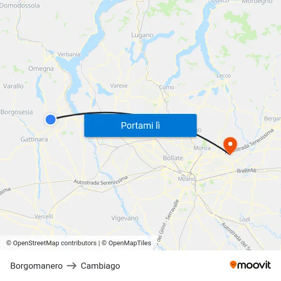 Borgomanero to Cambiago map