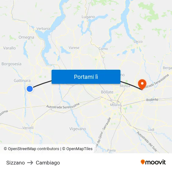 Sizzano to Cambiago map