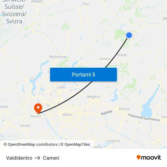 Valdidentro to Cameri map