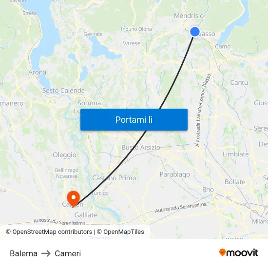 Balerna to Cameri map