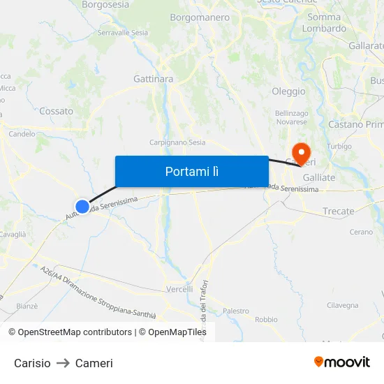 Carisio to Cameri map