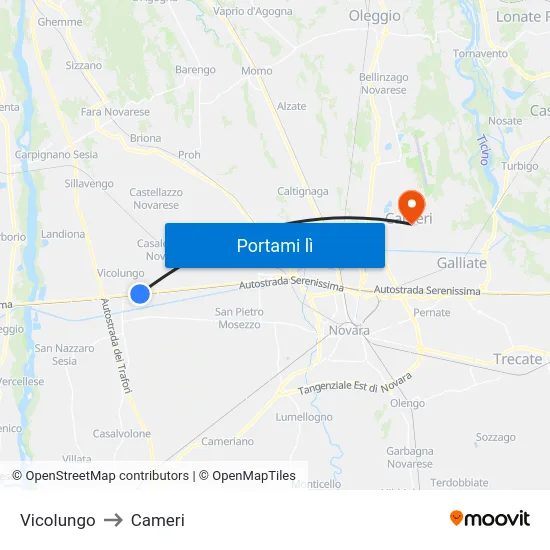 Vicolungo to Cameri map