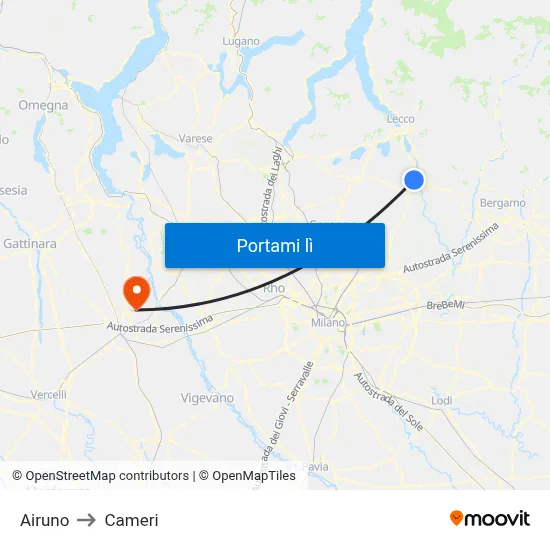 Airuno to Cameri map