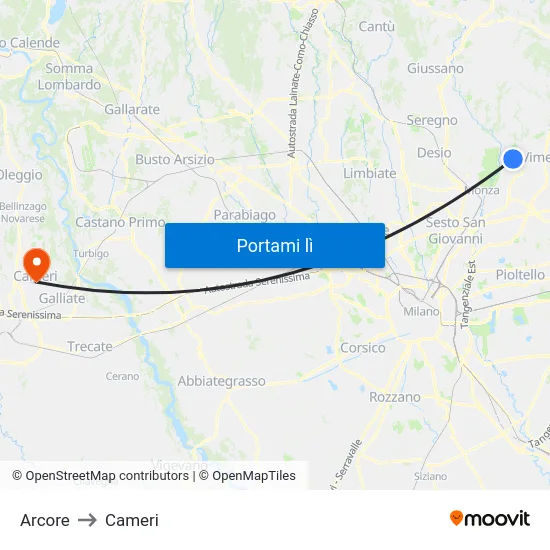 Arcore to Cameri map
