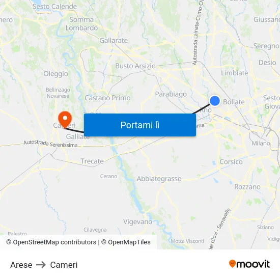 Arese to Cameri map