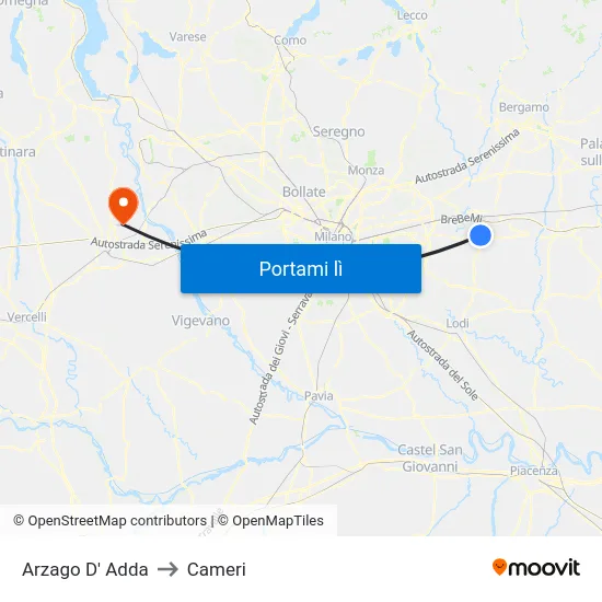 Arzago D' Adda to Cameri map