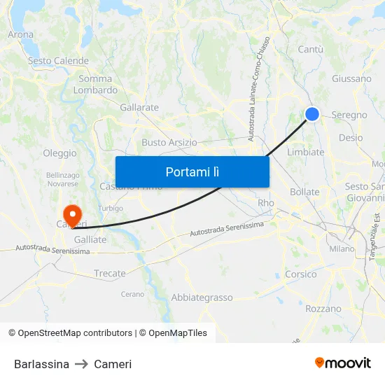 Barlassina to Cameri map