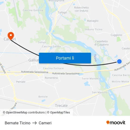 Bernate Ticino to Cameri map