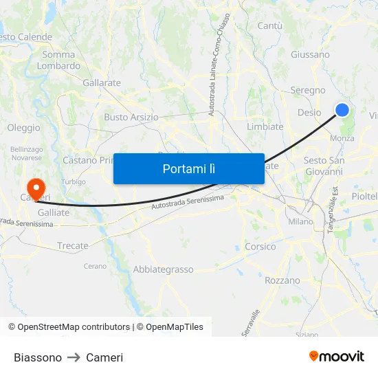 Biassono to Cameri map
