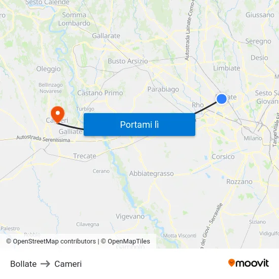 Bollate to Cameri map