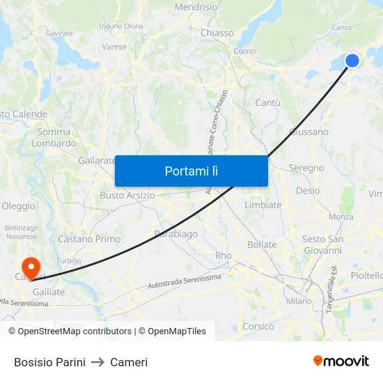 Bosisio Parini to Cameri map