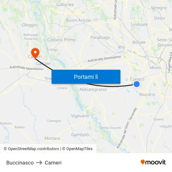 Buccinasco to Cameri map