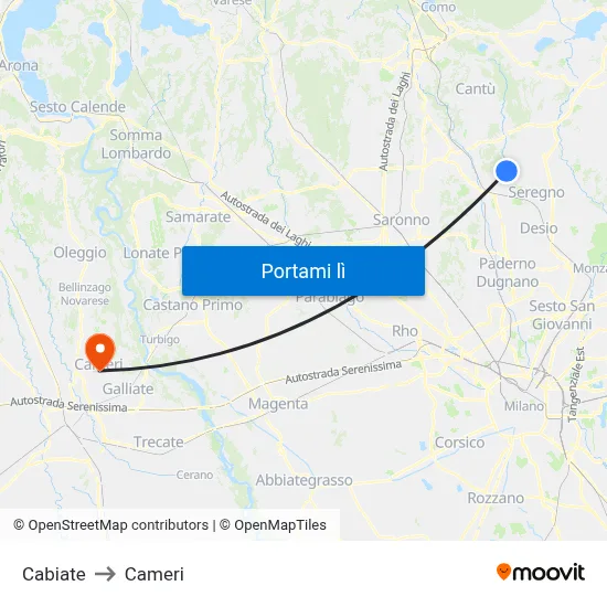 Cabiate to Cameri map