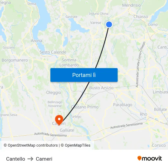Cantello to Cameri map