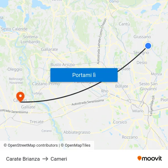 Carate Brianza to Cameri map
