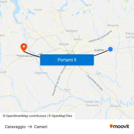 Caravaggio to Cameri map