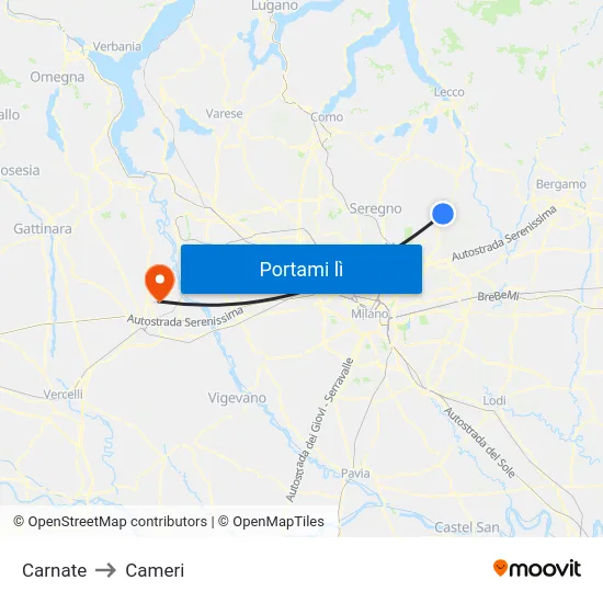Carnate to Cameri map
