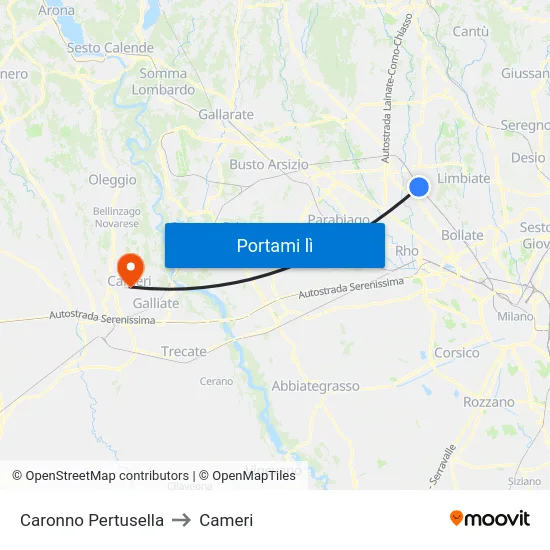 Caronno Pertusella to Cameri map