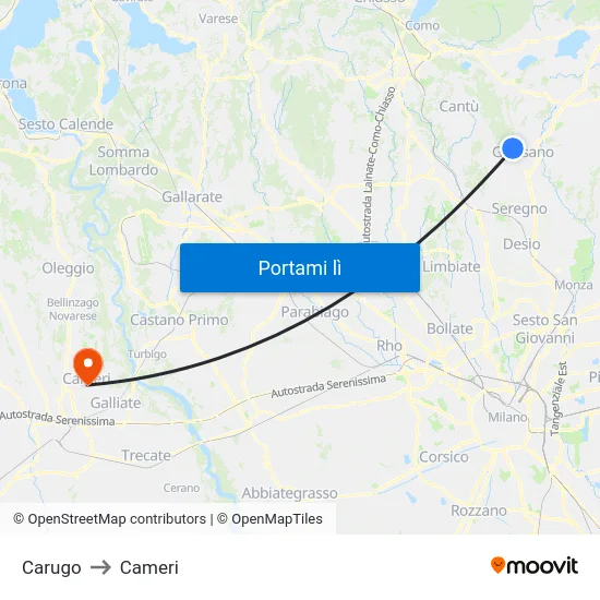 Carugo to Cameri map