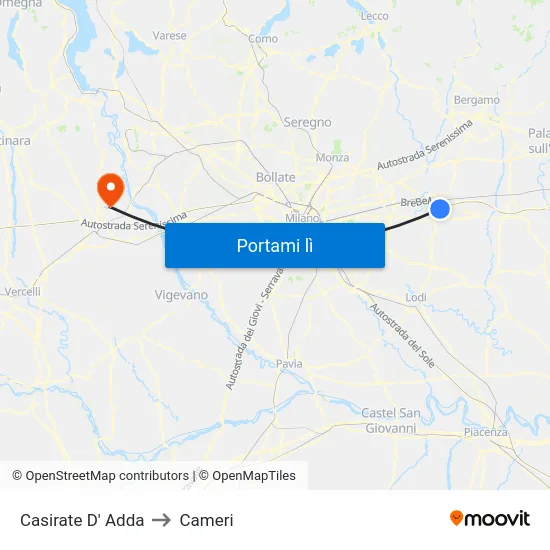 Casirate D' Adda to Cameri map