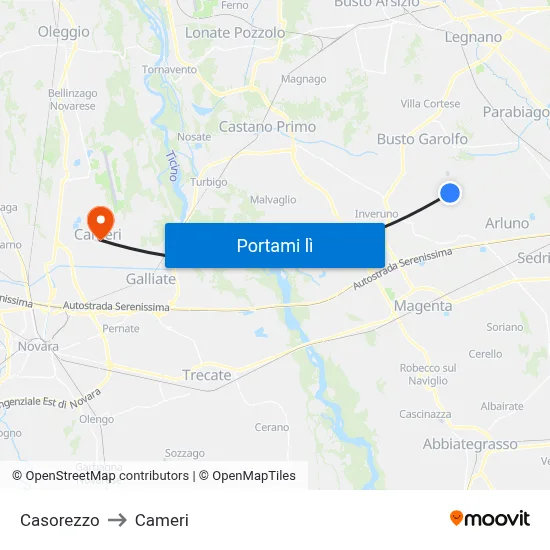 Casorezzo to Cameri map