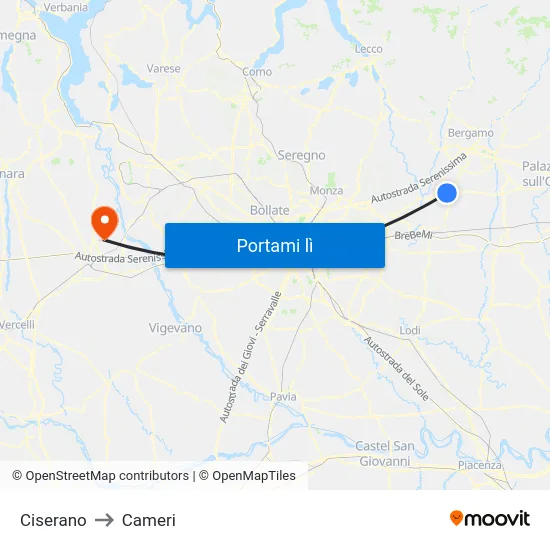 Ciserano to Cameri map