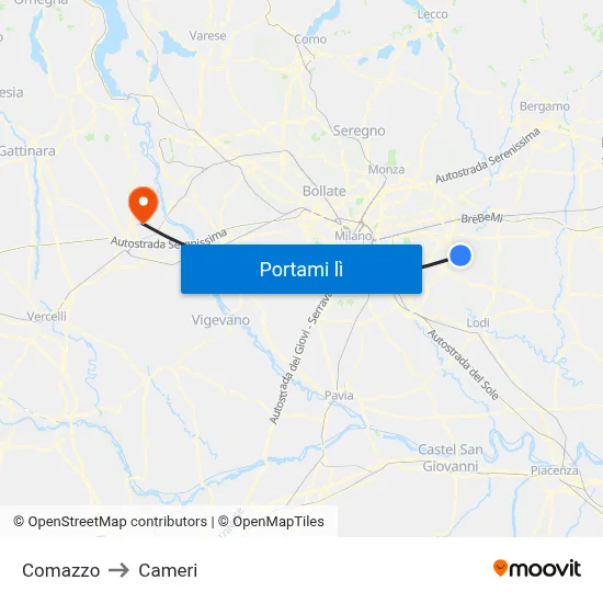 Comazzo to Cameri map