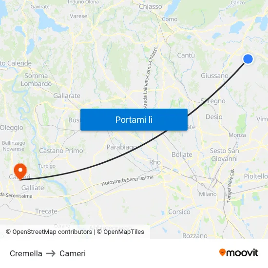 Cremella to Cameri map